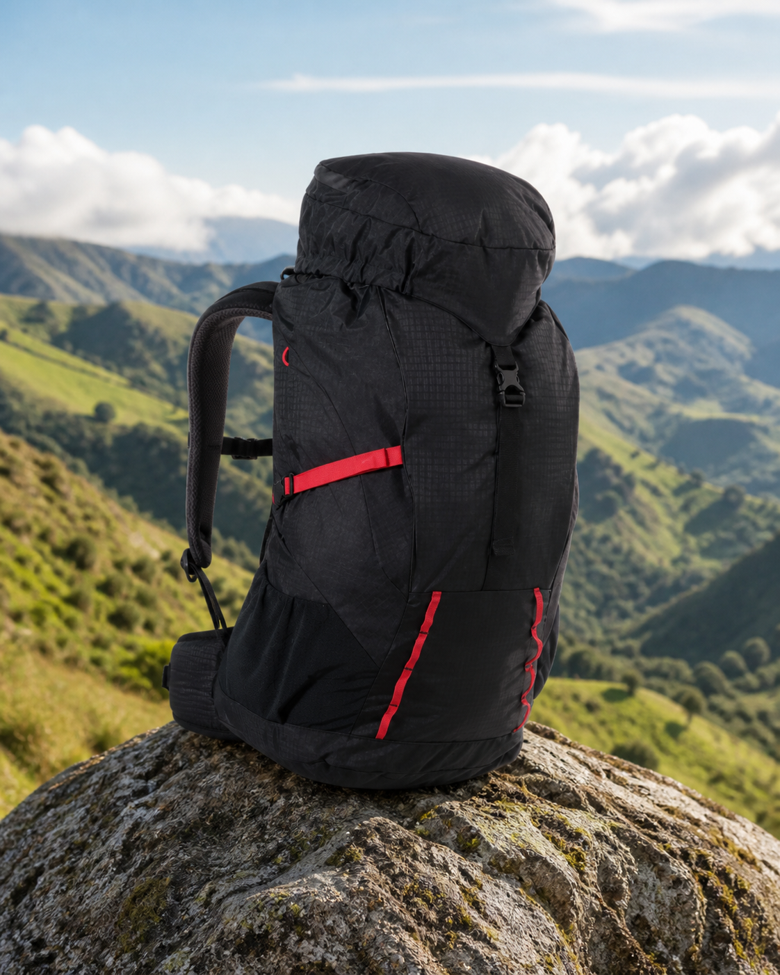 Morral negro con detalles rojos en un paisaje montañoso colombiano
