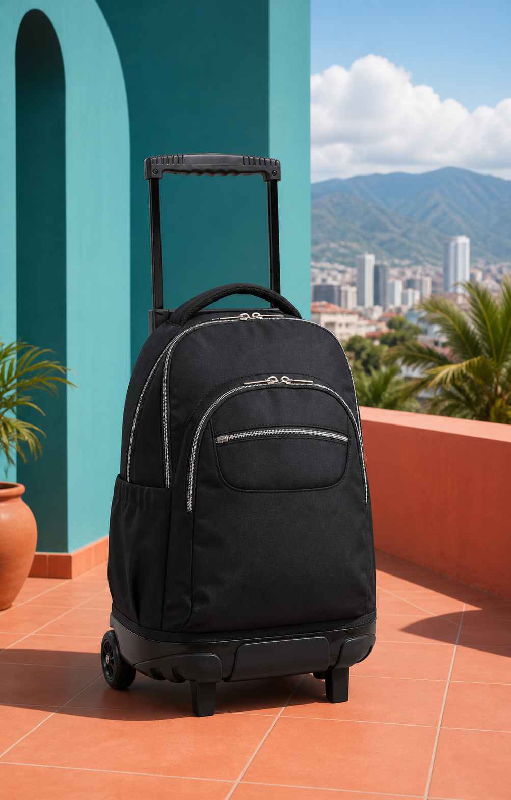 Morral negro con asa telescópica y ruedas en una terraza colorida